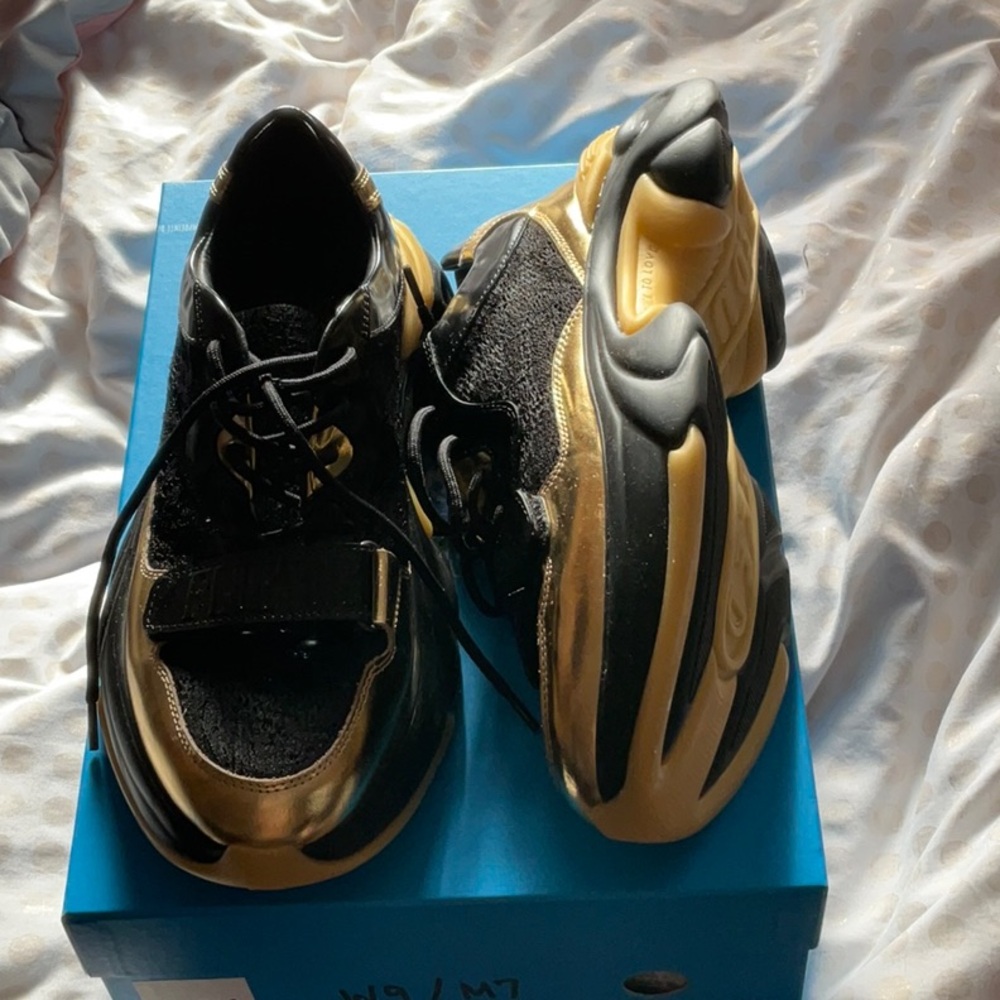 John Fluevog Black and Gold Sneakers with Wave Pattern Women’s Size 9 Brand New